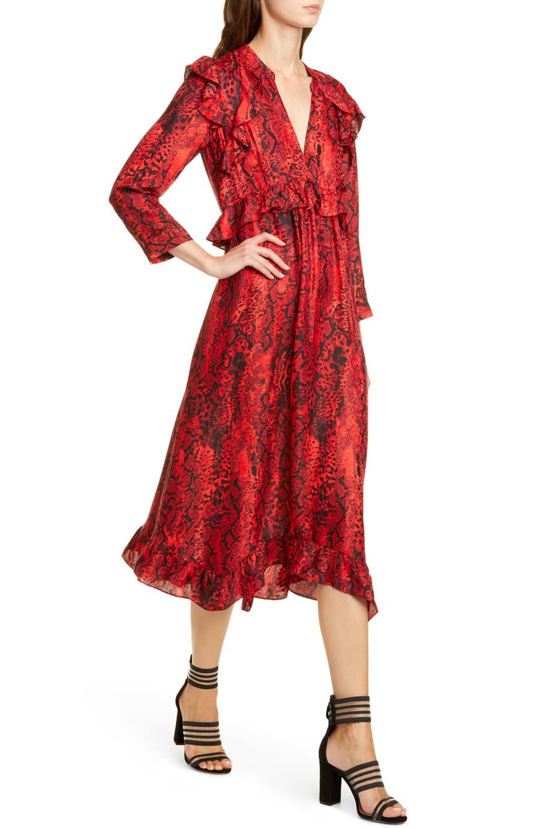 ba&sh Sahara Snakeskin Print Midi Dress, Alternate, color, Rouge