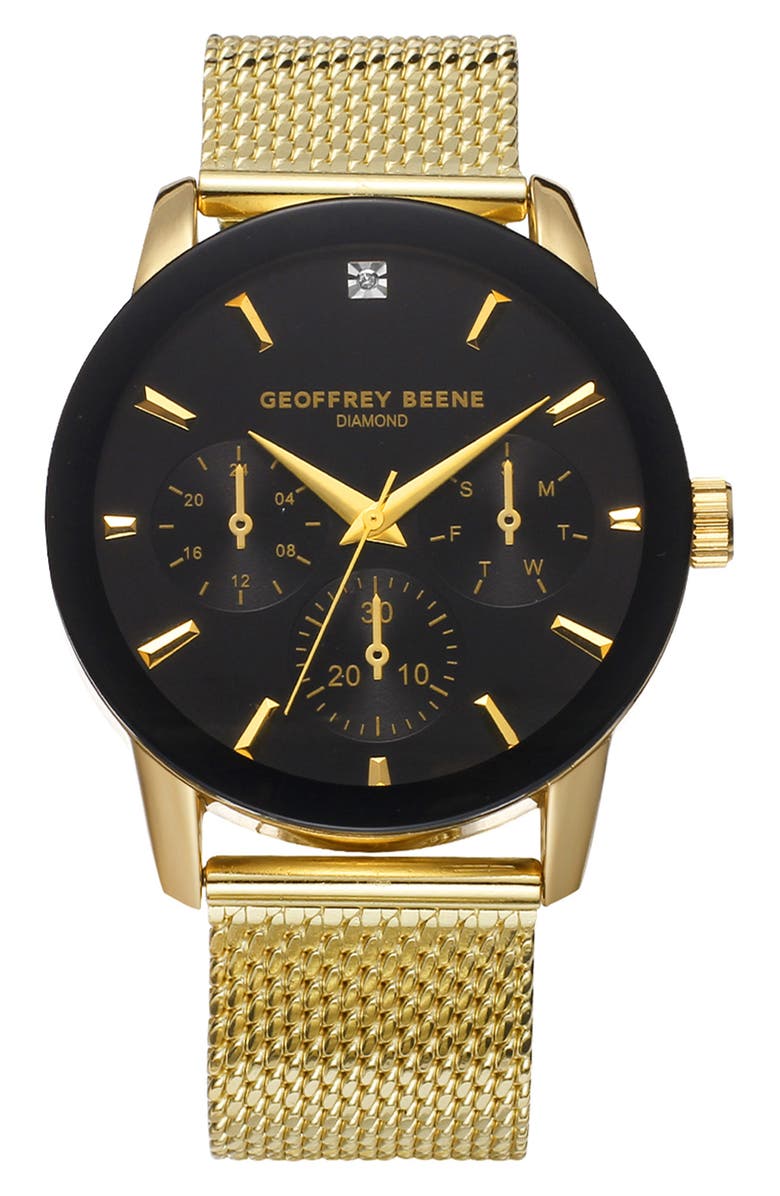 GEOFFREY BEENE Genuine Diamond Mesh Strap Watch, 41mm, Main, color, Gold