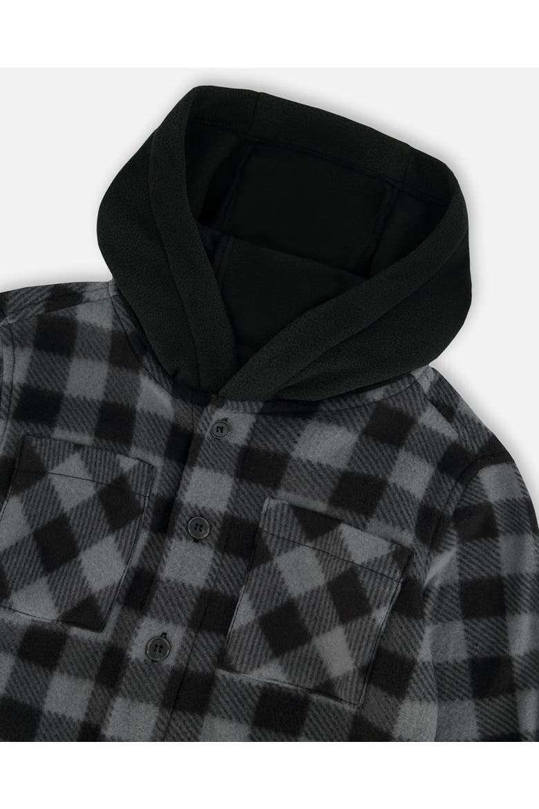 Boy's Polar Fleece Shirt With Hood Black Plaid, Alternate, color, Plaid Grey & Black