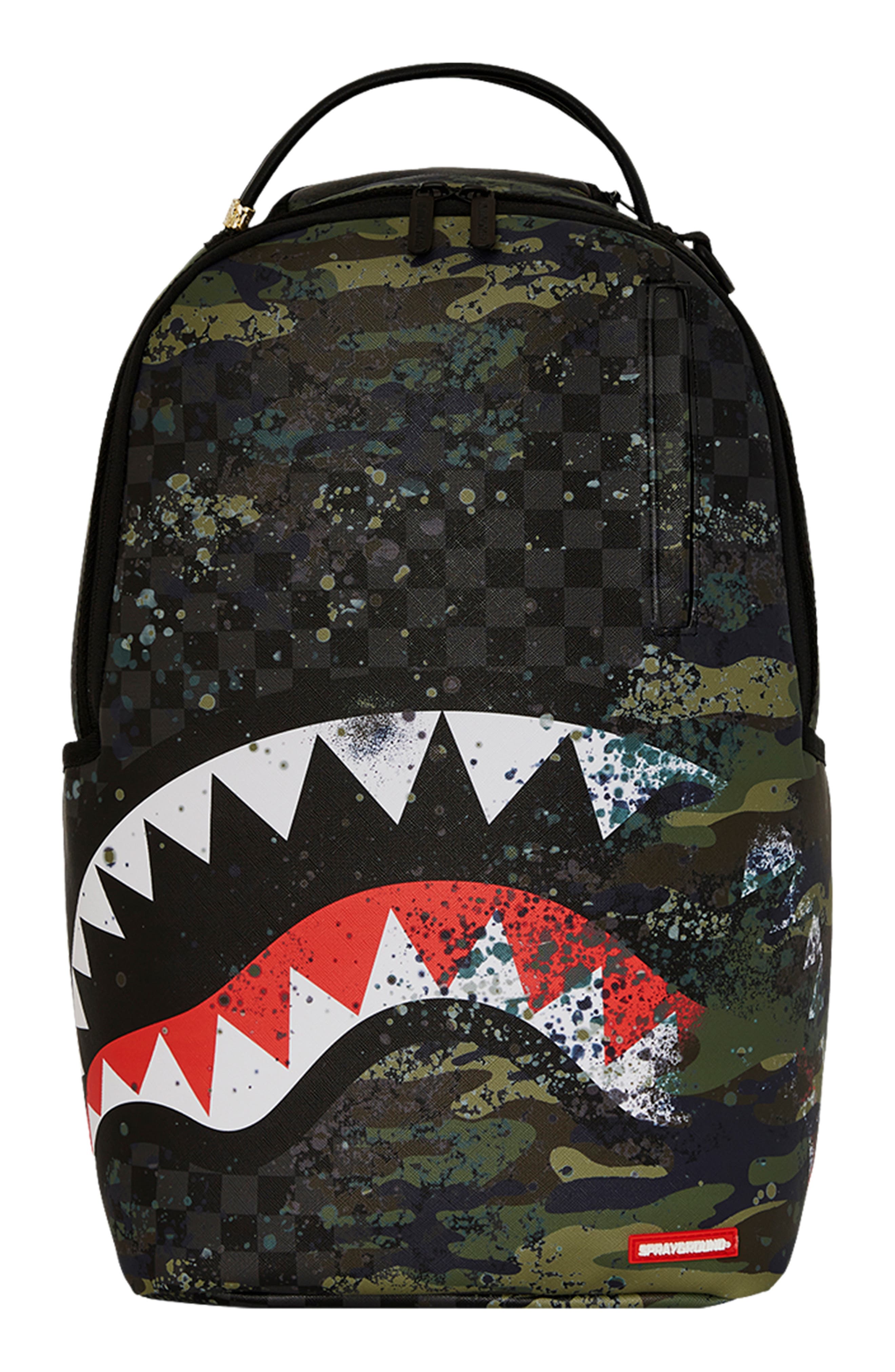 Sprayground Kids' Camo Splash Shark DLXSV Backpack, Main, color, 