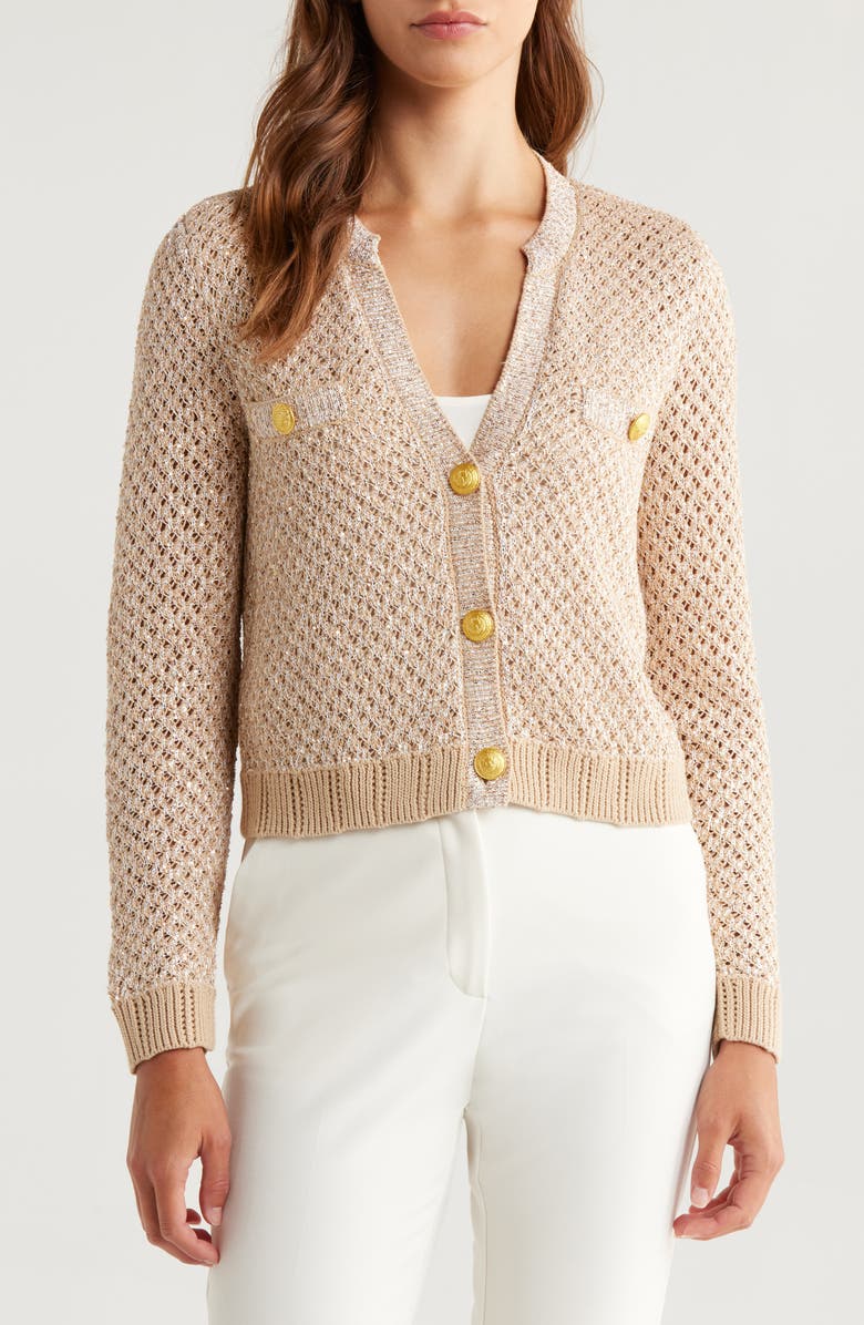 L'AGENCE Blanca Sequin Crop Cardigan, Alternate, color, Natural Multi/ Gold