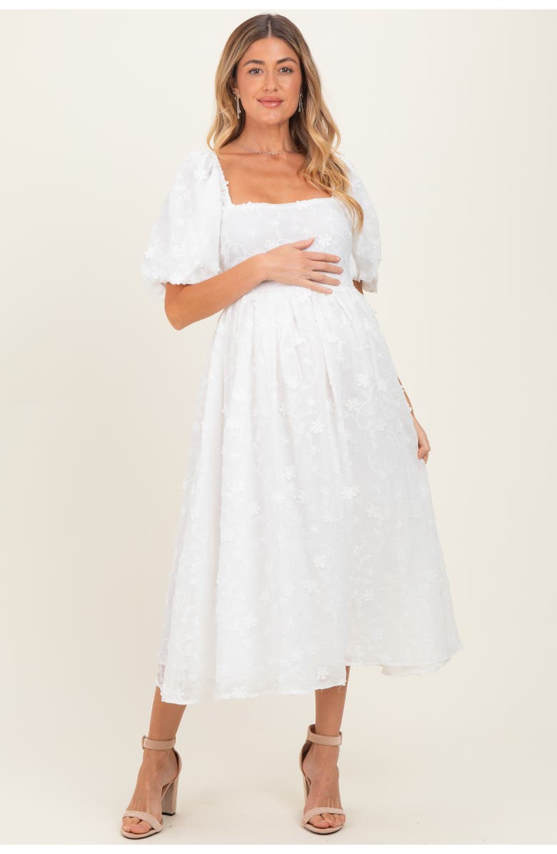 PinkBlush Embroidered Floral Puff Sleeve Midi Dress, Main, color, Ivory