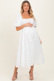 PinkBlush Embroidered Floral Puff Sleeve Midi Dress