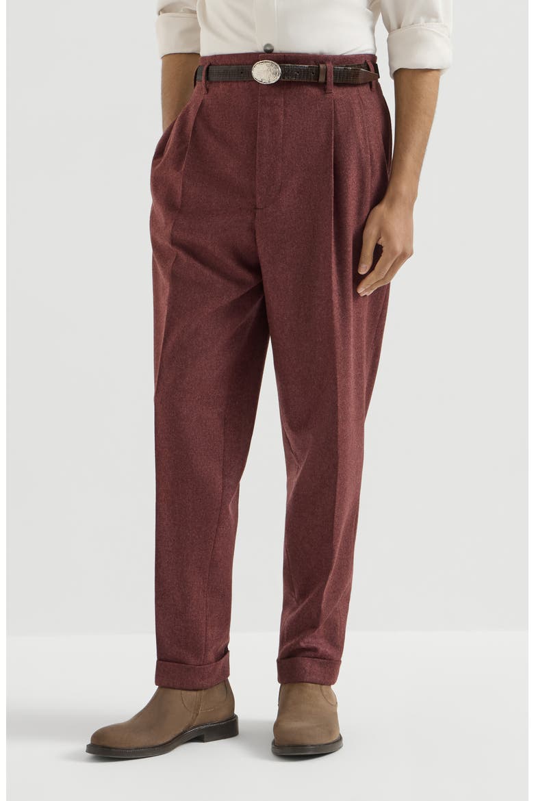 Virgin wool and cashmere flannel trousers with double pleats, Main, color, Burned