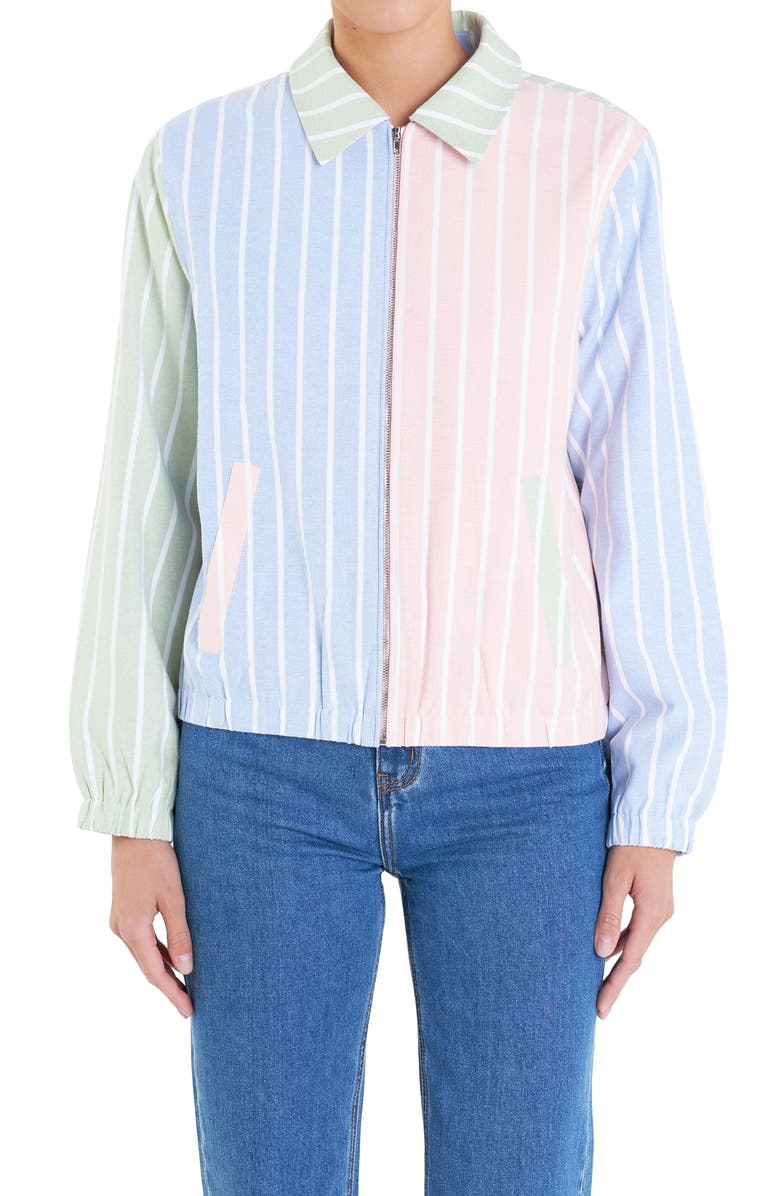 English Factory Sports Club Colorblock Stripe Cotton Blend Zip Jacket, Alternate, color, Green Multi