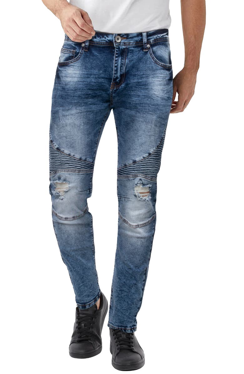 XRAY Raw X Distressed Moto Slim Jeans, Main, color, Medium Blue