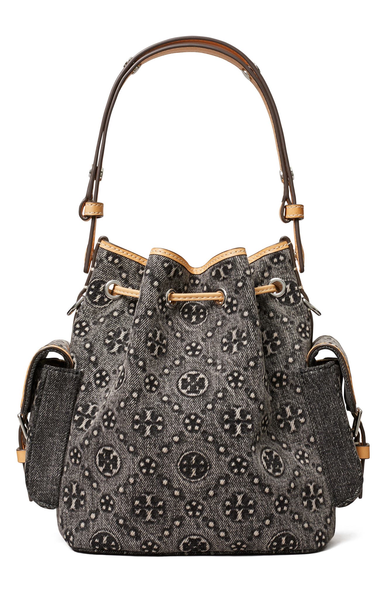 Tory Burch T Monogram Denim Bucket Bag, Alternate, color, Black