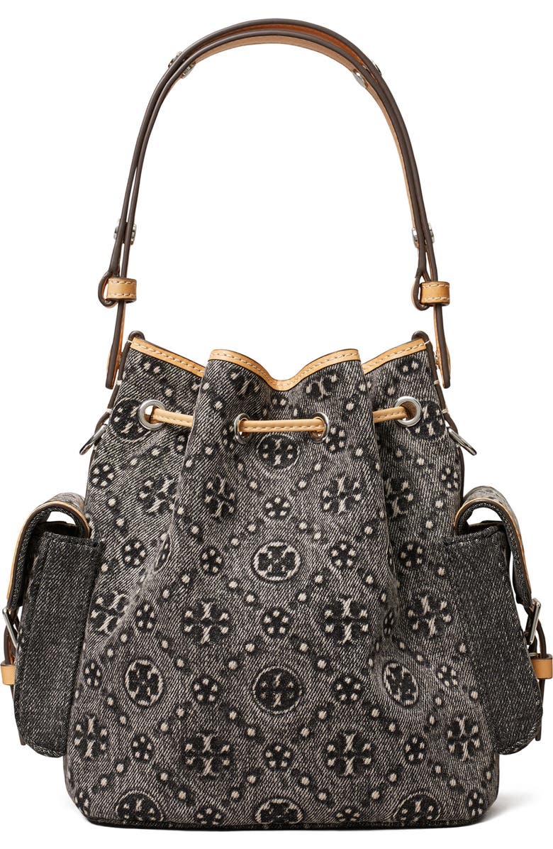 Tory Burch T Monogram Denim Bucket Bag, Alternate, color, Black