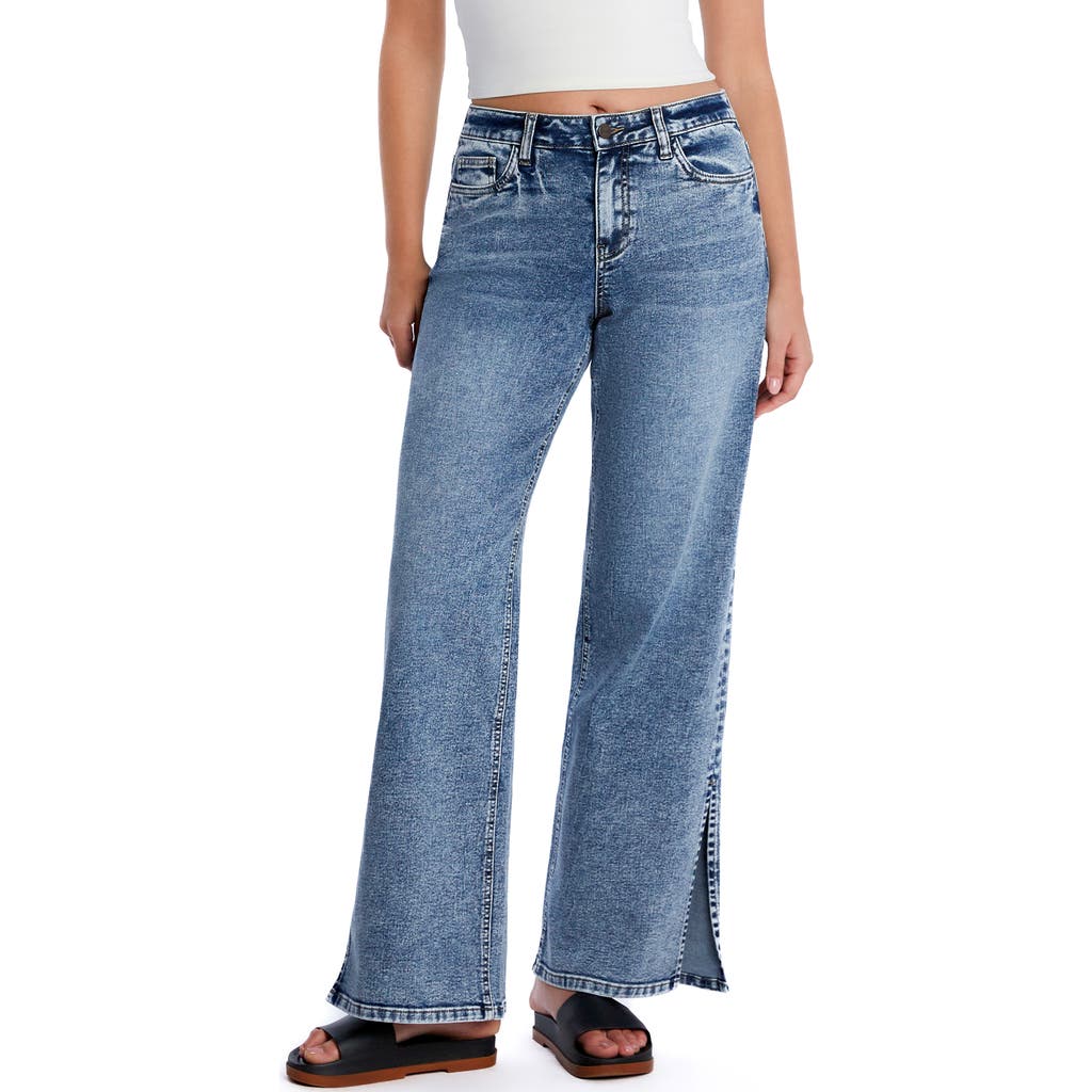 Hint Of Blu Clever Side Slit High Waist Wide Leg Jeans In Classy Blue