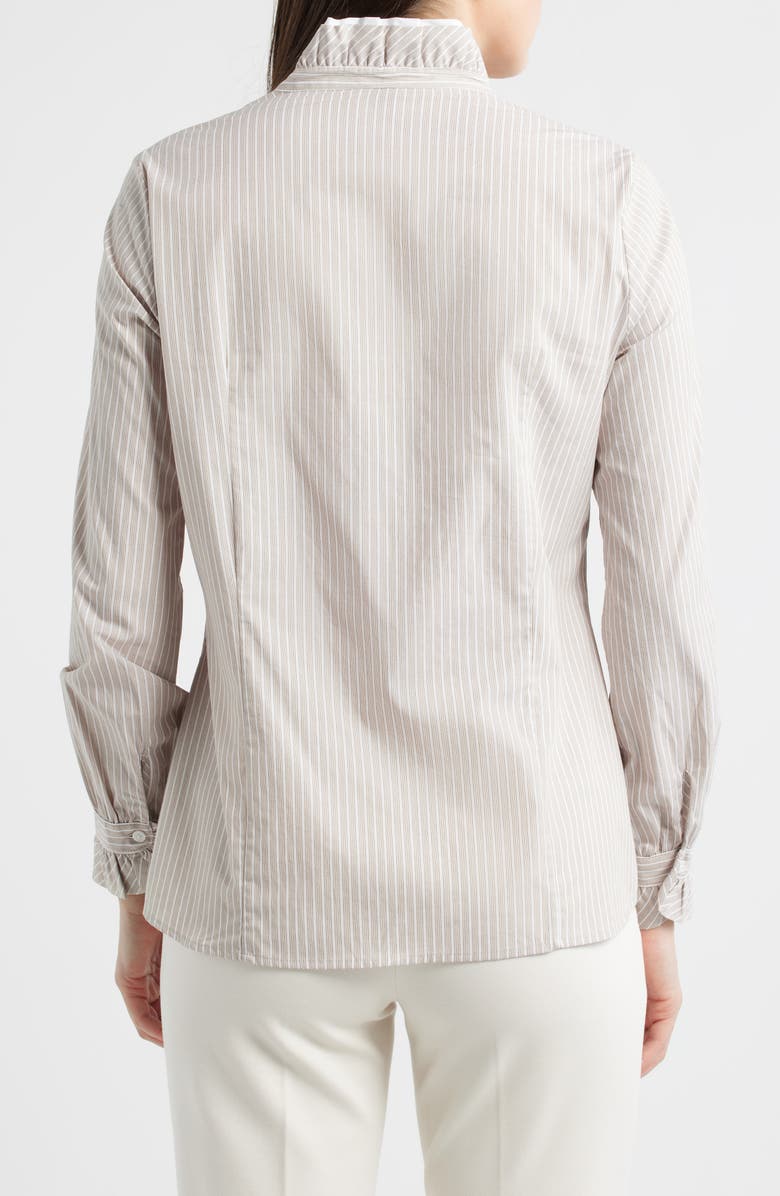 Anne Klein Ruffle Detail Stripe Cotton Button-Up Shirt, Alternate, color, Light Porcini Multi