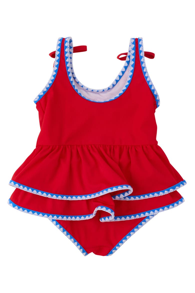 UPF50+ Crochet Detail Peplum One Piece Swimsuit, Alternate, color, Vintage Red