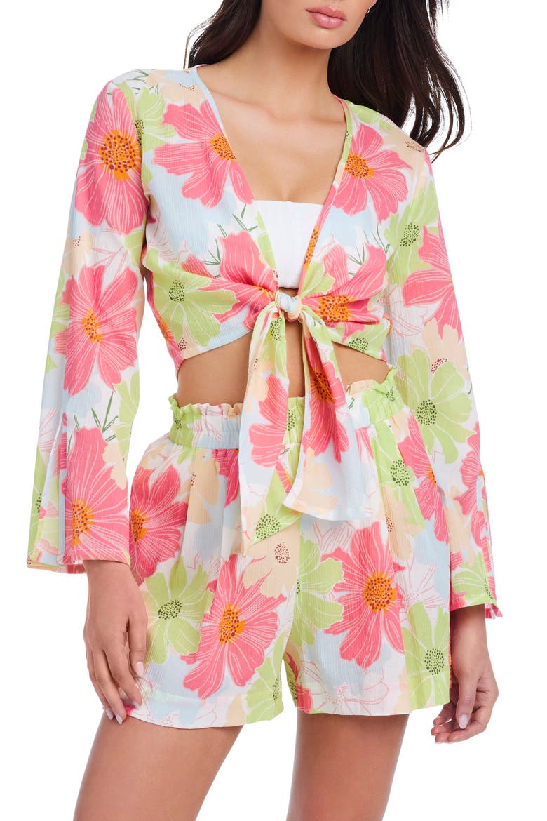 Floral Crinkle Crop Tie Front Top, Alternate, color, WHITE