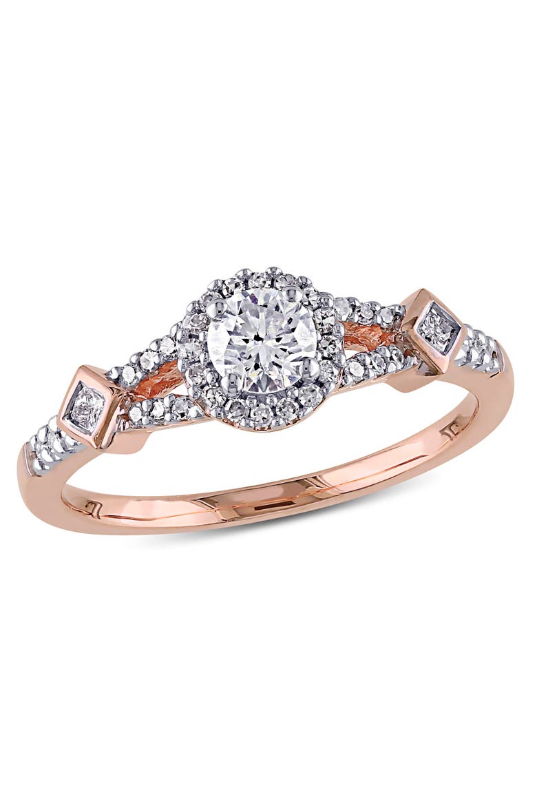 Diamond Halo Station Engagement Ring 10k, Main, color, 10k Rose Gold