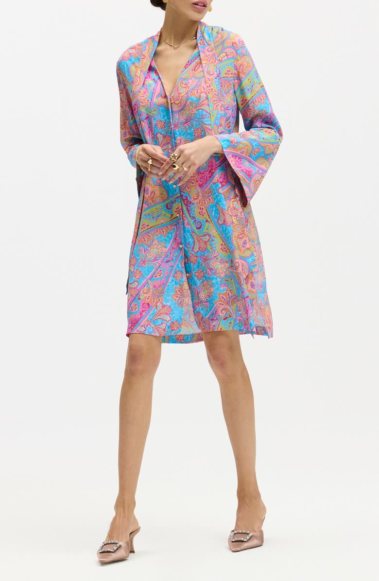 Robert Graham Brenna Tie Neck Long Sleeve Shift Dress, Alternate, color, Blue Multi