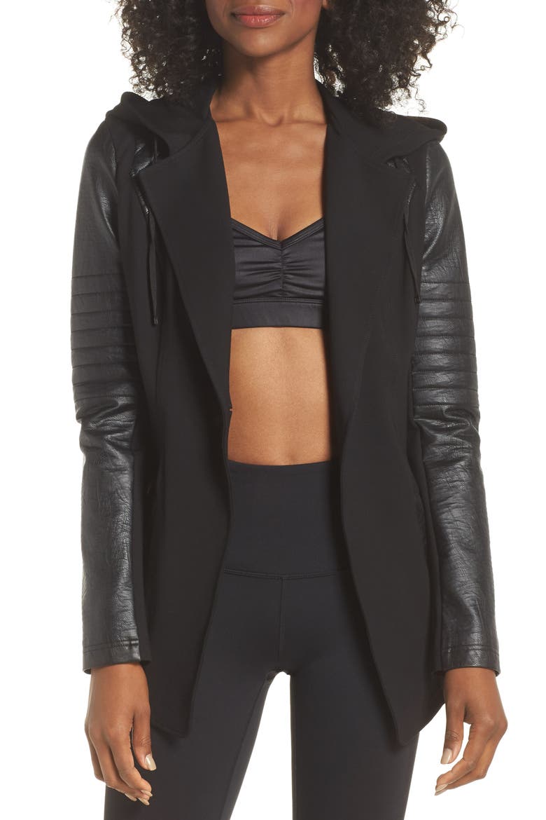 Hooded Moto Blazer with Faux Leather Sleeves, Main, color, BLACK