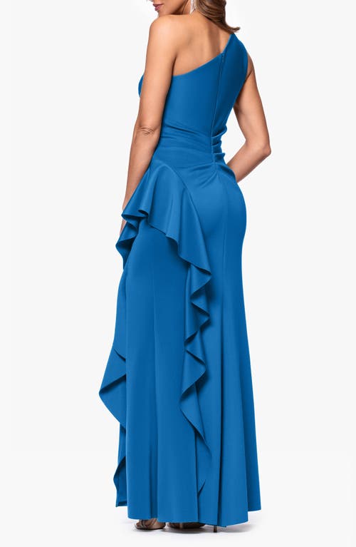 Xscape Evenings One-shoulder Ruffle Scuba Crepe Gown In Blue