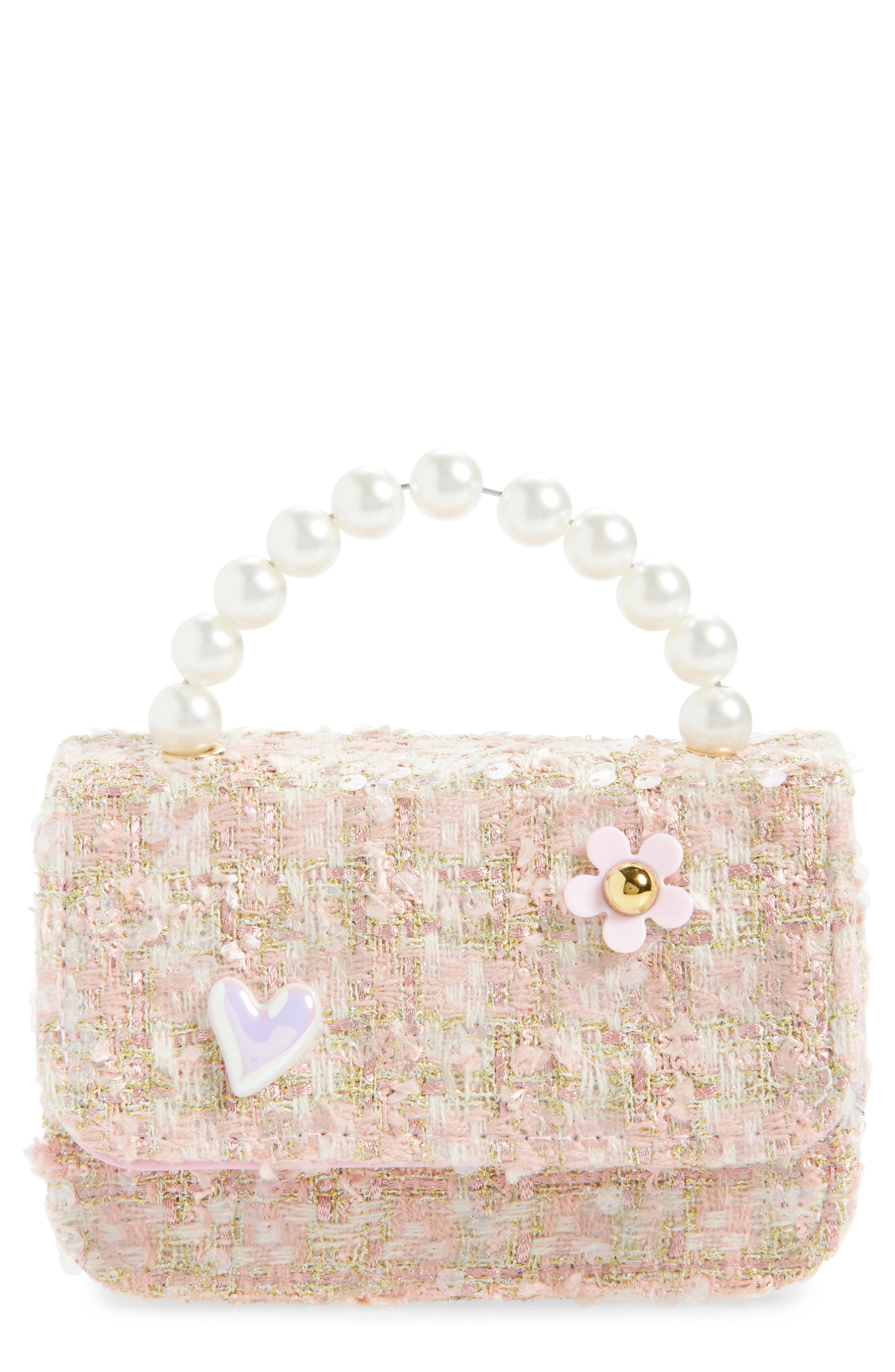 Ruby & Ry Kids' Pink Tweed Faux Pearl Top Handle Bag, Main, color, Pink