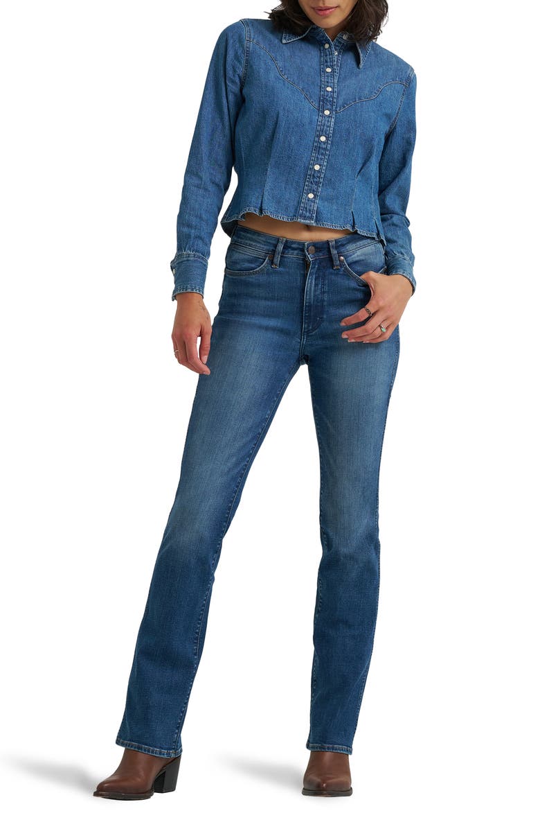 Wrangler Western Peplum Denim Snap-Up Shirt, Alternate, color, Light Hand