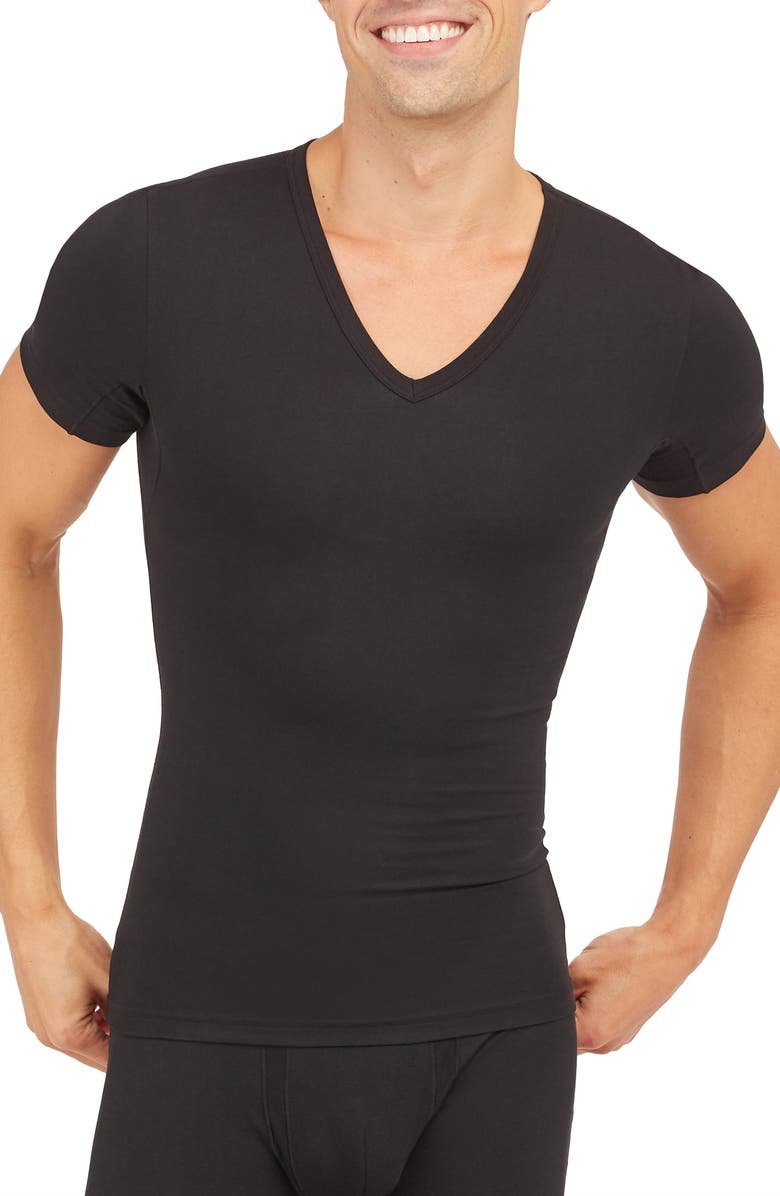 SPANX<sup>®</sup> Sculpt Stretch Cotton V-Neck T-Shirt, Main, color, 