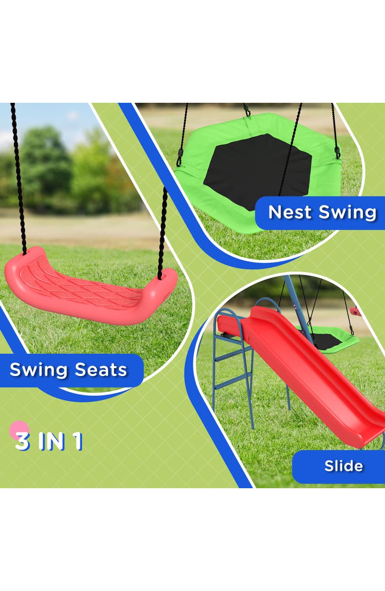 Outsunny 3-in-1 Metal Backyard Swing Set with Nest Swing, 2 Seats, 1 Slide A-Frame Heavy Duty 352 lbs Capacity, Alternate, color, 