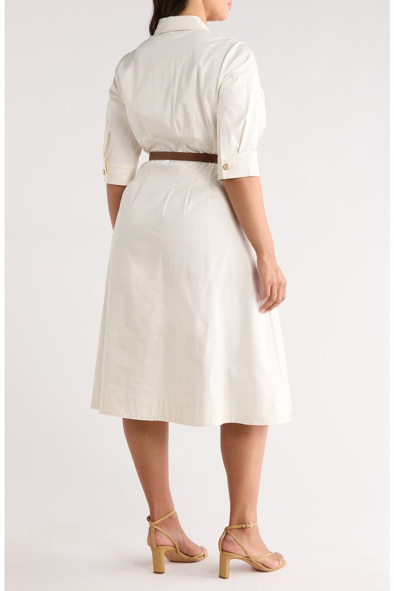 Belted Elbow Sleeve Stretch Cotton Sateen Shirtdress, Alternate, color, WHITE DOVE