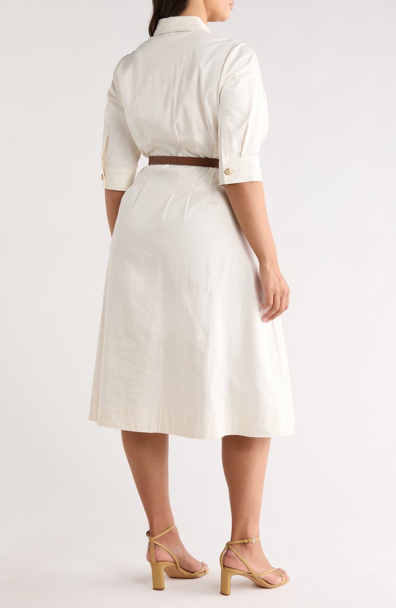 Anne Klein Belted Elbow Sleeve Stretch Cotton Sateen Shirtdress, Alternate, color, White Dove