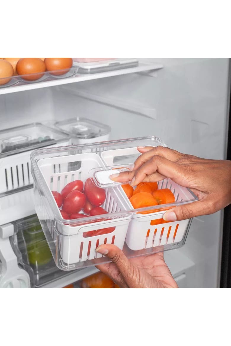 Clear Stackable Fridge Organizer Bin with Drain Basket and Vented Lid, 2.3 Quart Capacity, Alternate, color, Clear with White Drainer