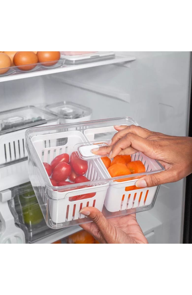 OU Clear Stackable Fridge Organizer Bin with Drain Basket and Vented Lid, 2.3 Quart Capacity, Alternate, color, 