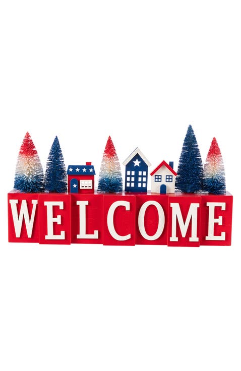 Patriotic Americana Wooden House Brush Trees Table Decor