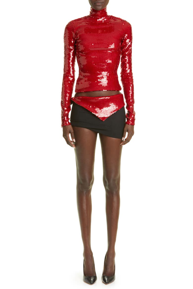 Sequin Mock Neck Long Sleeve Top, Alternate, color, CHERRY