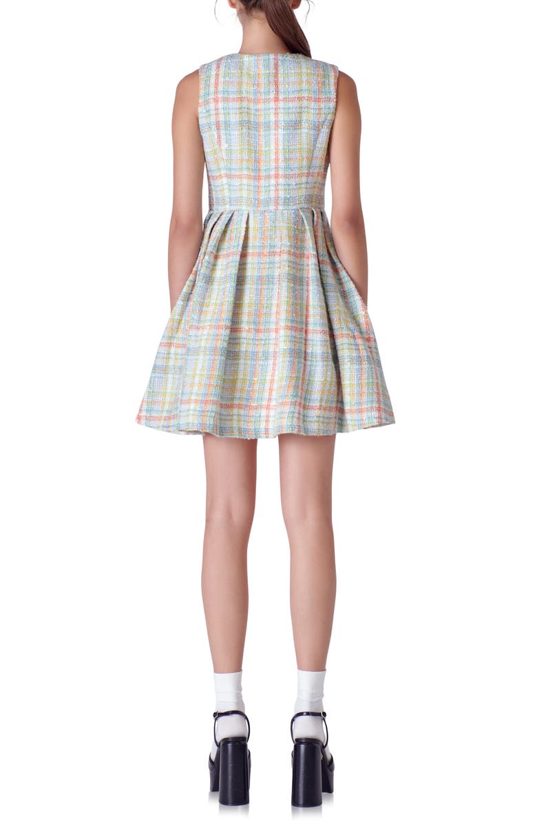 English Factory Plaid Pleated Bouclé Minidress, Alternate, color, Light Blue Multi
