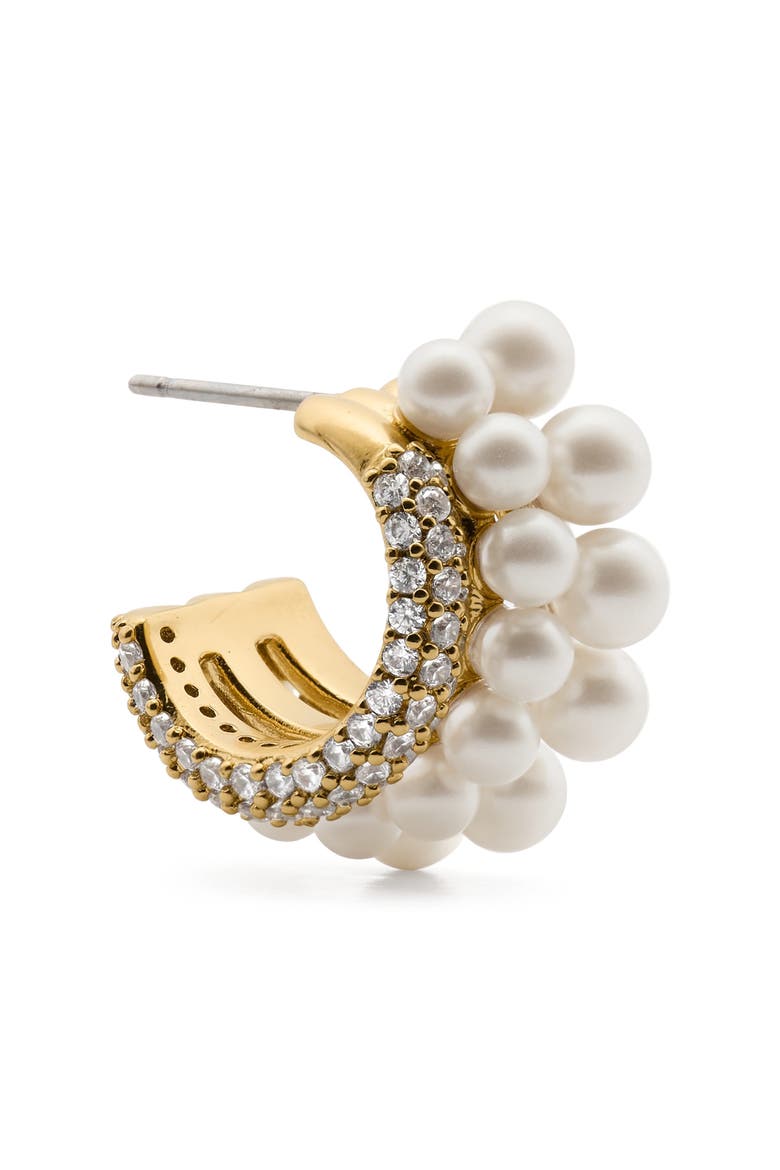 faux pearl stacked huggie hoop earrings, Alternate, color, CREAM/ GOLD
