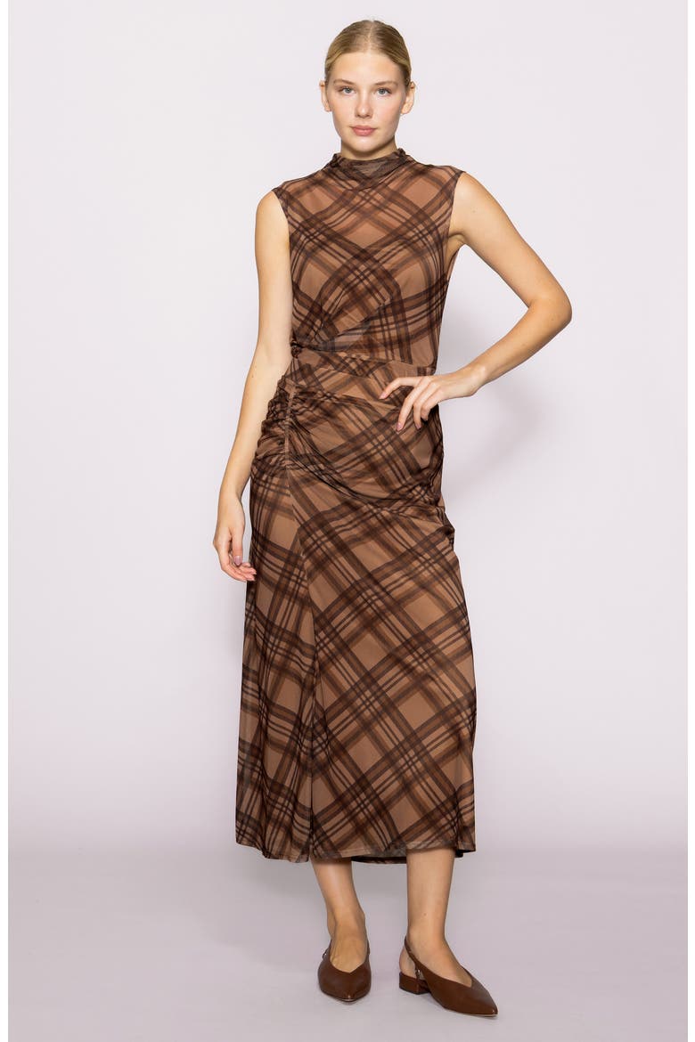 Side Ruched Plaid Mesh Skirt, Alternate, color, BROWN