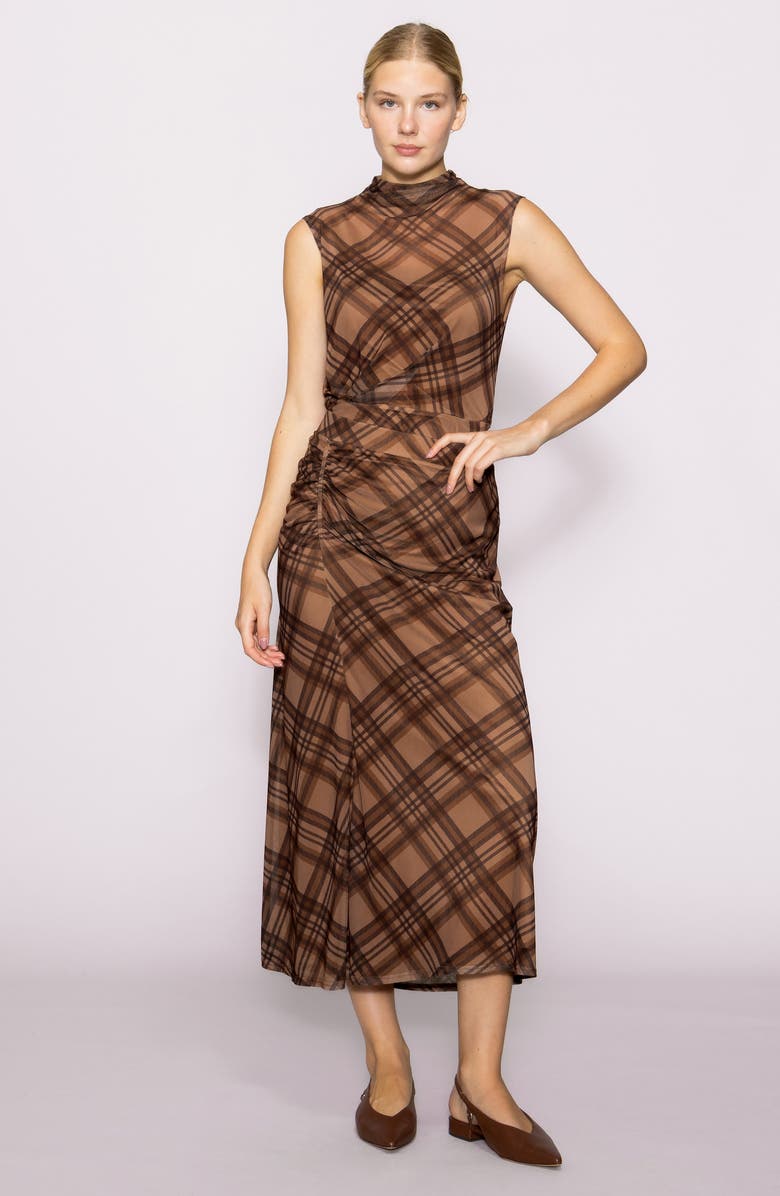 MELLODAY Side Ruched Plaid Mesh Skirt, Alternate, color, Brown