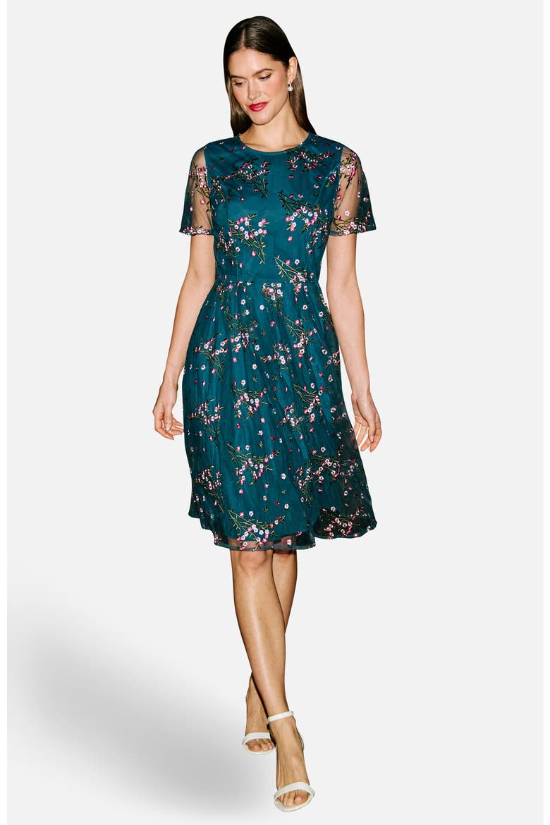 Embroidered Floral Mesh Fit-Flare Dress, Main, color, Teal