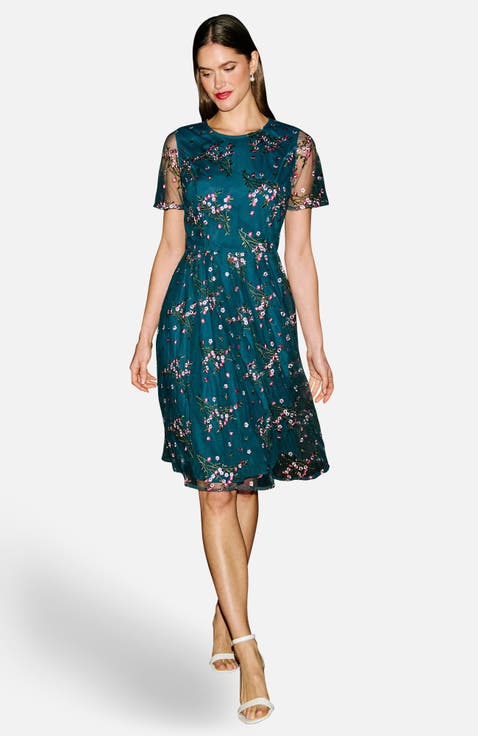 Embroidered Floral Mesh Fit-Flare Dress
