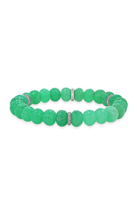 Chrysoprase 9mm Bead Bracelet with 3 Diamond Rondelles