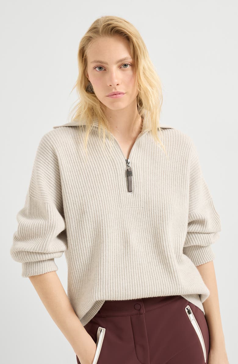 Brunello Cucinelli Cashmere English rib sweater, Alternate, color, Pearl