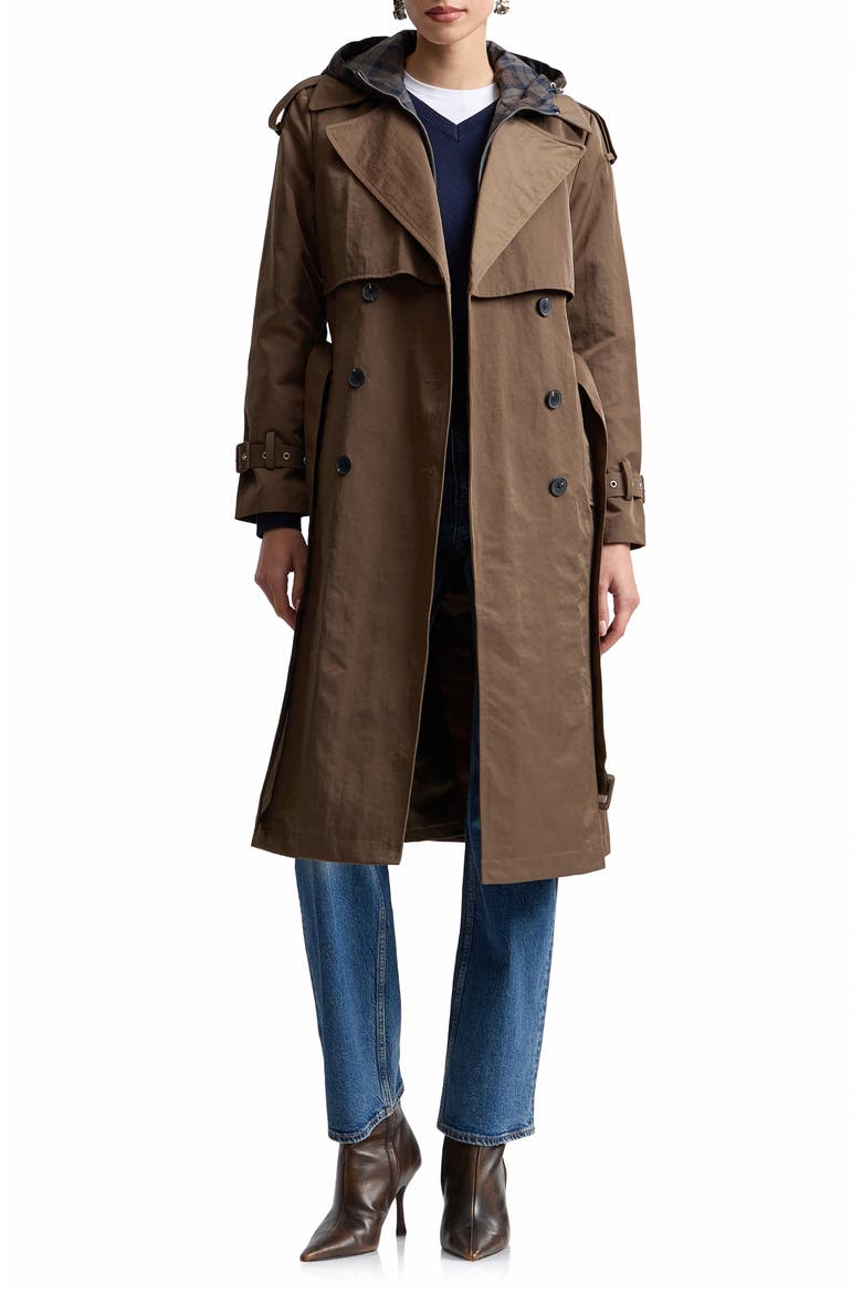 Crinkled Nylon Trench Coat with Hooded Bib Inset, Main, color, MOSS PLAID