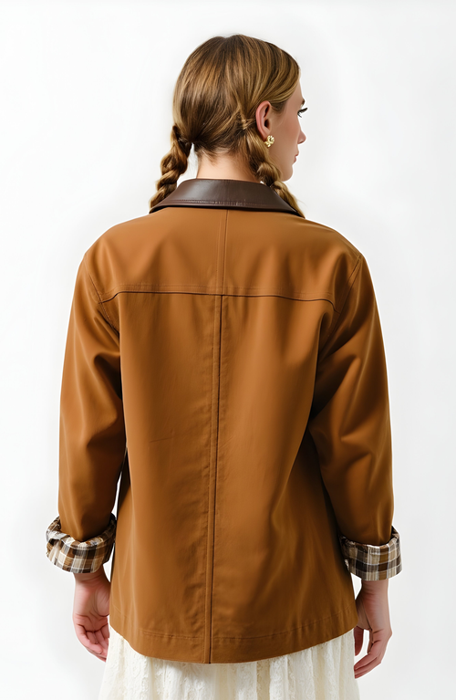 Modenaire Long Utility Jacket With Plaid Lining, Buckle Cuffs And Flap Pockets In Brown