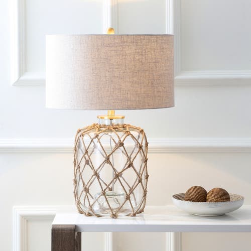 JONATHAN Y JONATHAN Y MER 26.5" GLASS AND ROPE LED TABLE LAMP, BROWN/CLEAR 