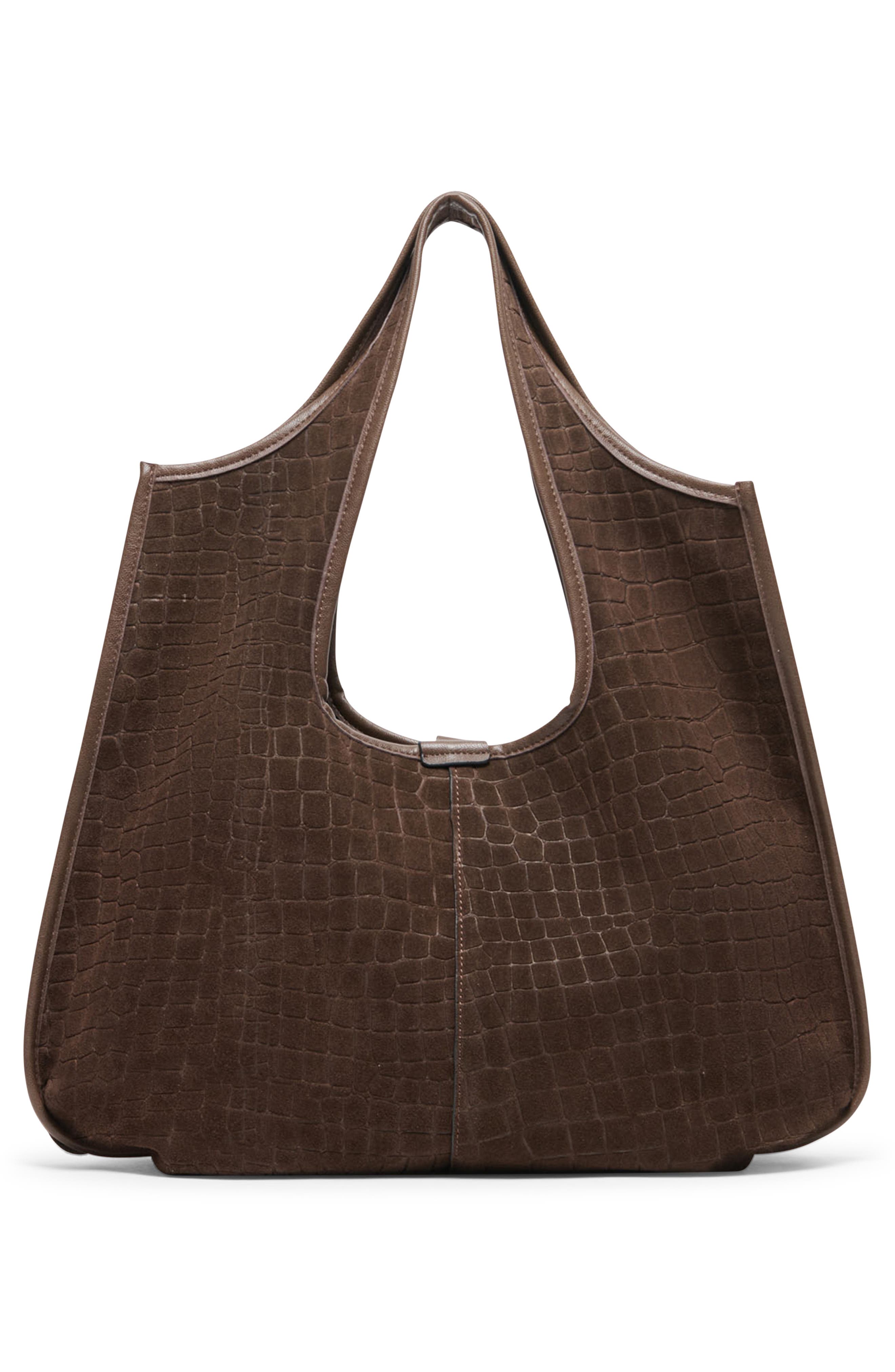 Pava Croc Embossed Suede Shoulder Bag, Alternate, color, MID BROWN