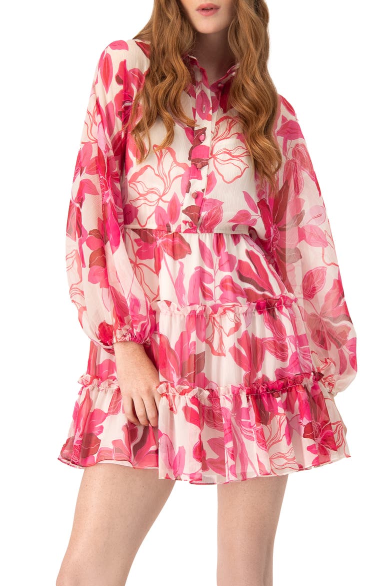 Short Floral Print Shirt Dress with Long Sleeves, Main, color, Fuchsia