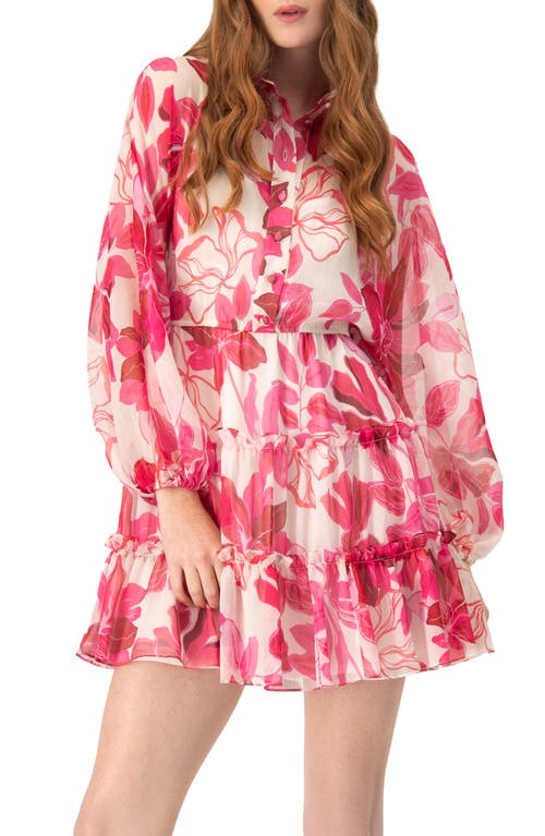 Ivonne Short Floral Print Shirt Dress With Long Sleeves In Pink