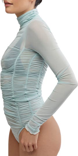 Under It All Ruched Mesh Turtleneck Bodysuit