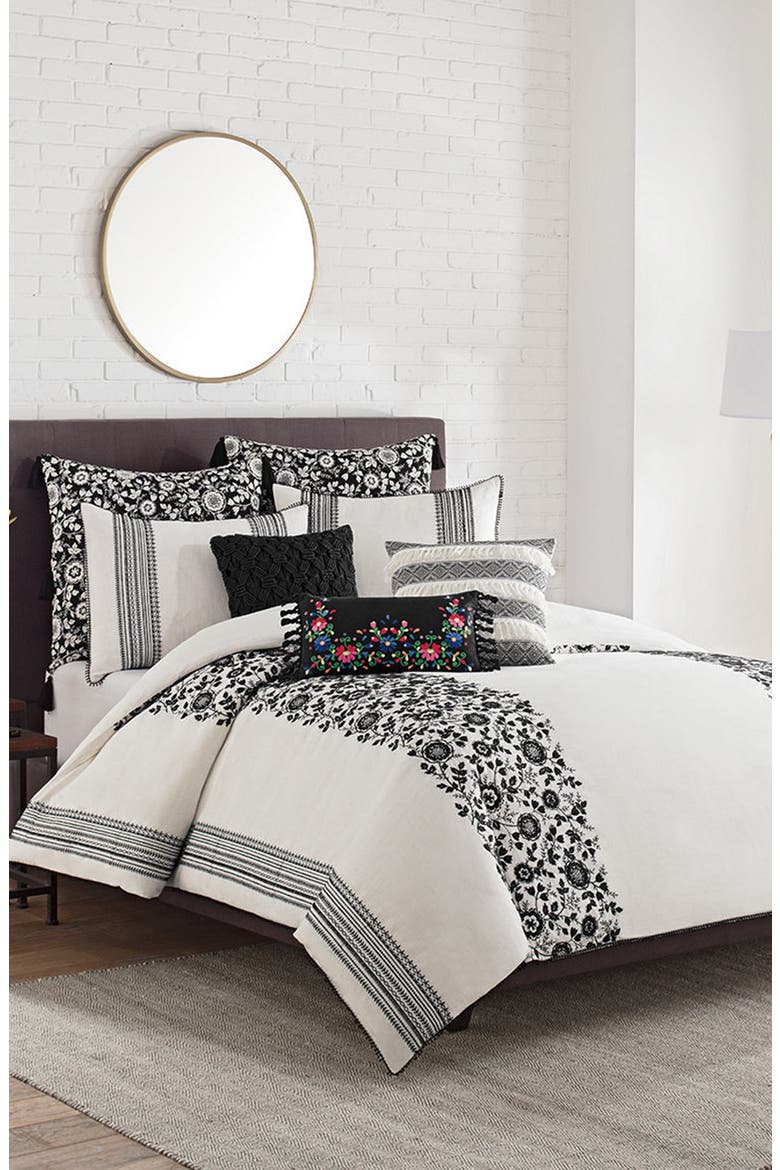 Folk Floral Embroidered Pillow, Main, color, BLACK