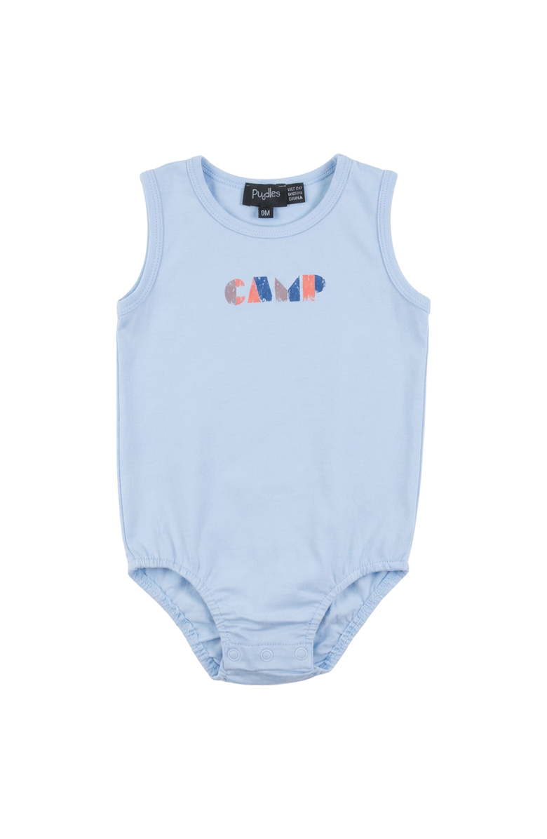 Puddles Boy Multi Color Stripe Camp Graphic Sleeveless Romper, Main, color, Blue