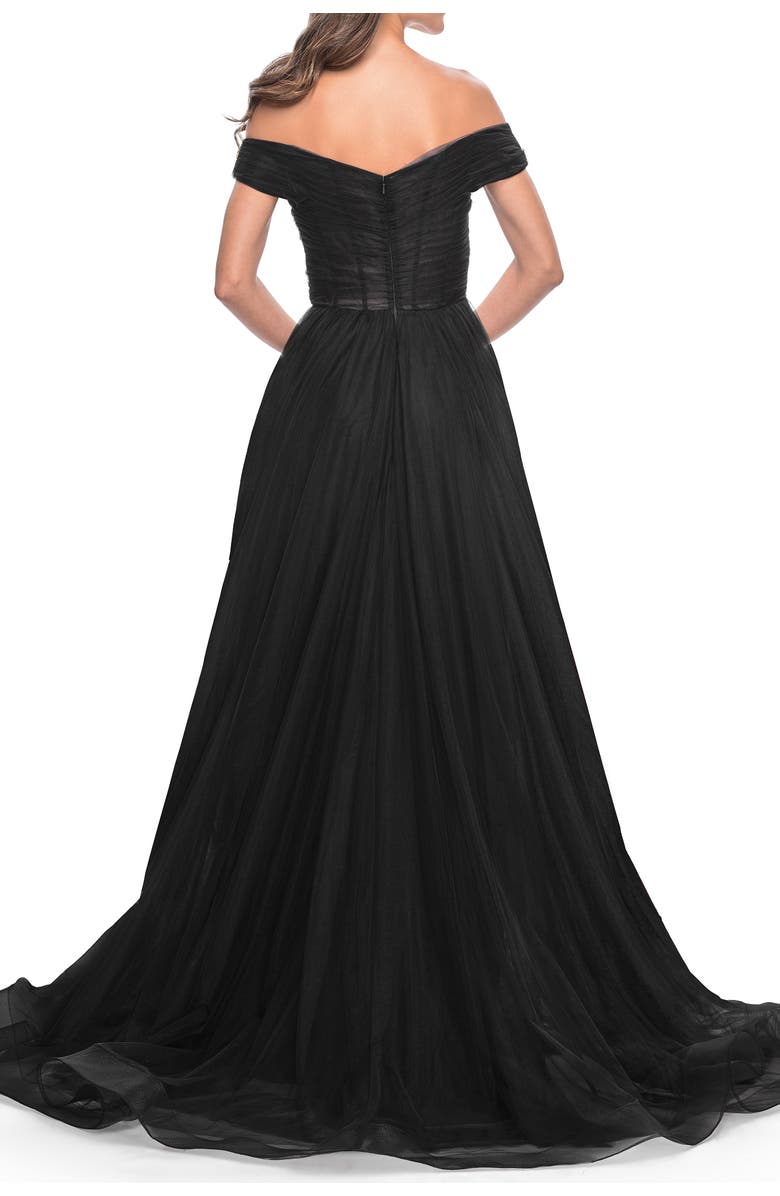 La Femme A-Line Tulle Prom Dress with Off the Shoulder Top, Alternate, color, Black