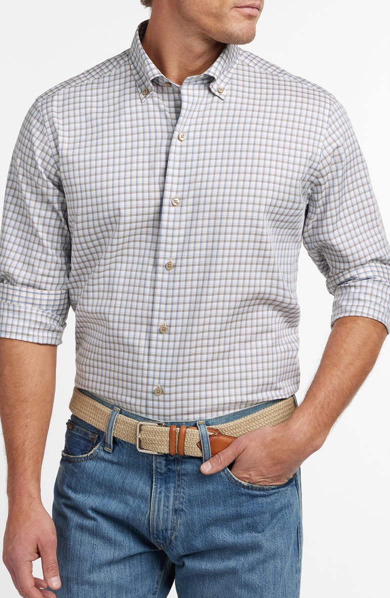 David Donahue Check Cotton Twill Button-Down Shirt, Alternate, color, Dune/ Blue