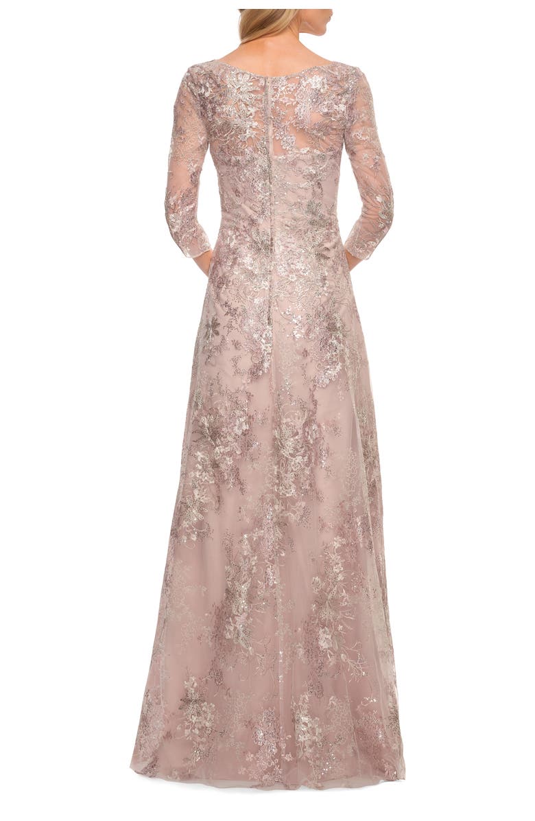 La Femme Metallic Lace Long Gown with Three-Quarter Sleeves, Alternate, color, Mauve